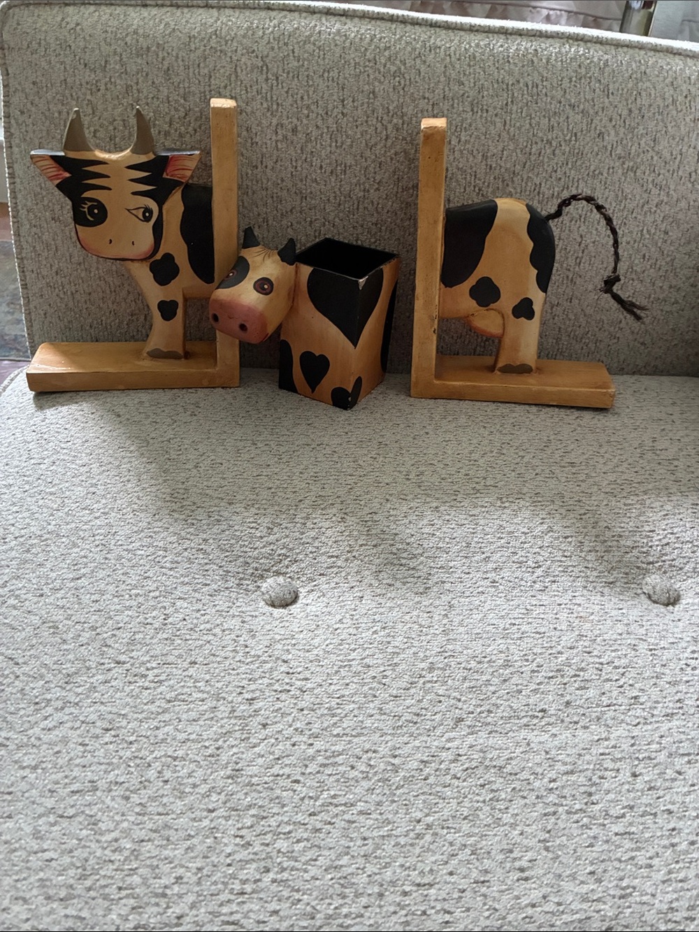 Hand-Painted Wooden Cow Bookends with Pen Holder - Black & Natural